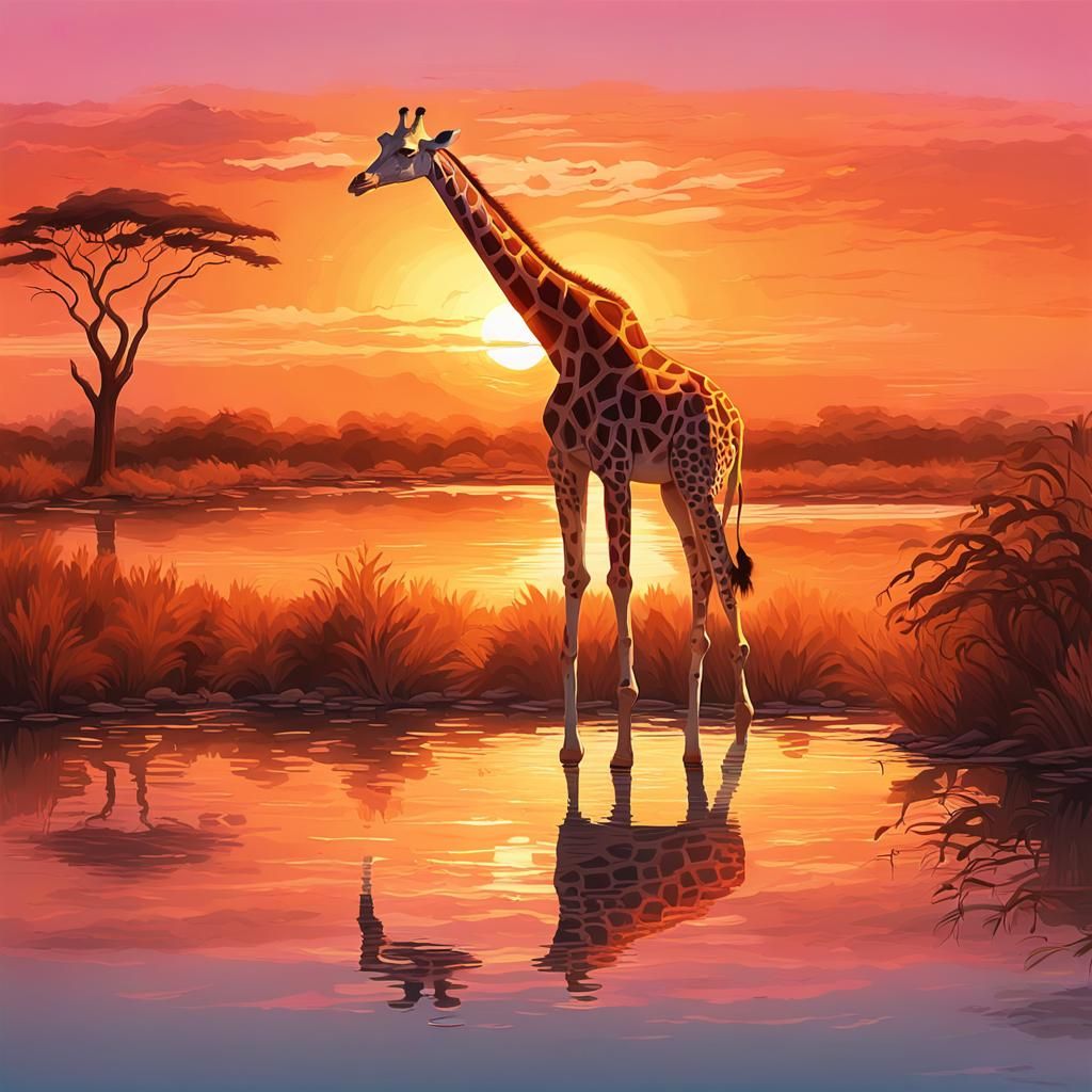 Majestic Giraffe Drinks at Sunset: Vibrant Concept Art