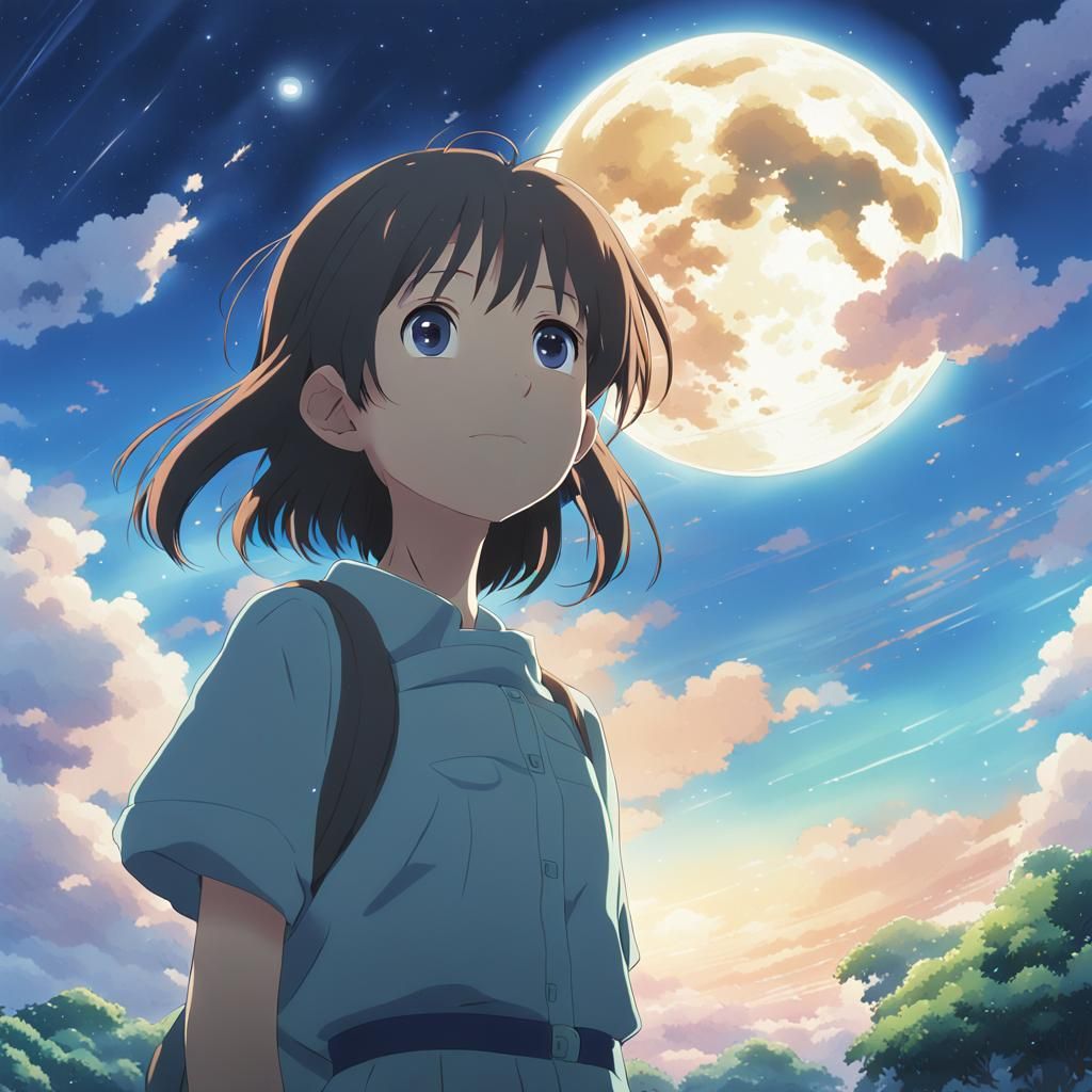 Anime Key Visual: Moon Personified in Dreamlike Night