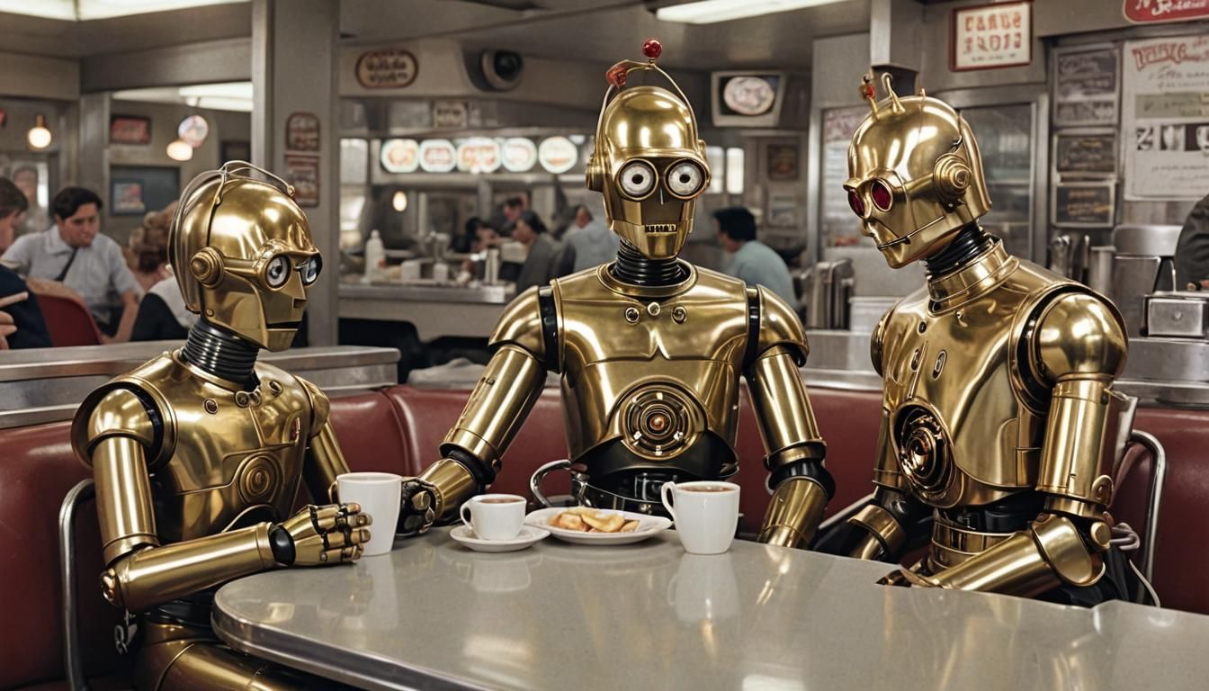Bender and C3PO at a 1950s Diner