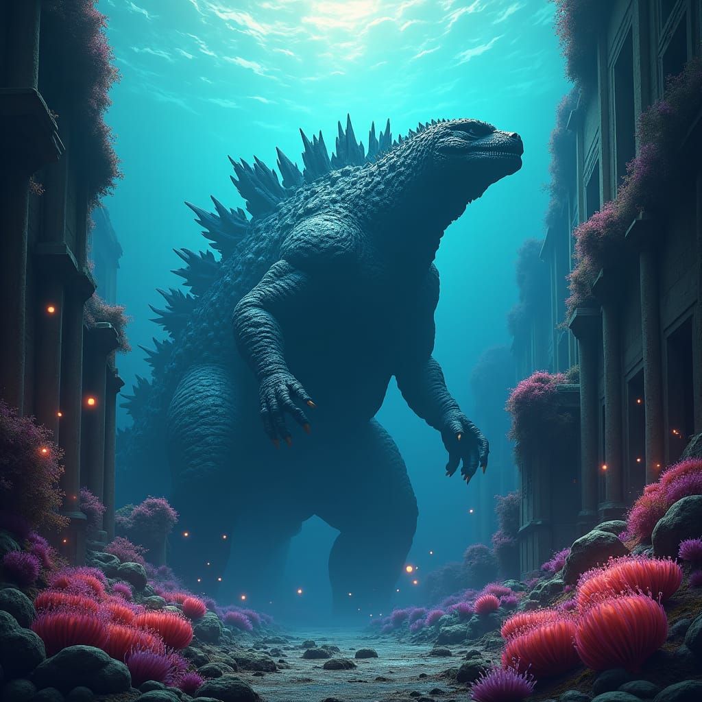 Godzilla in Submerged City, Detailed Matte Painting