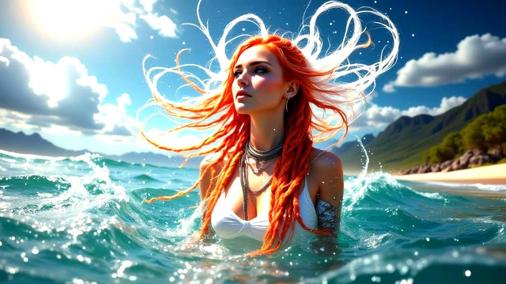 Woman With Red Braids in Stormy Waters