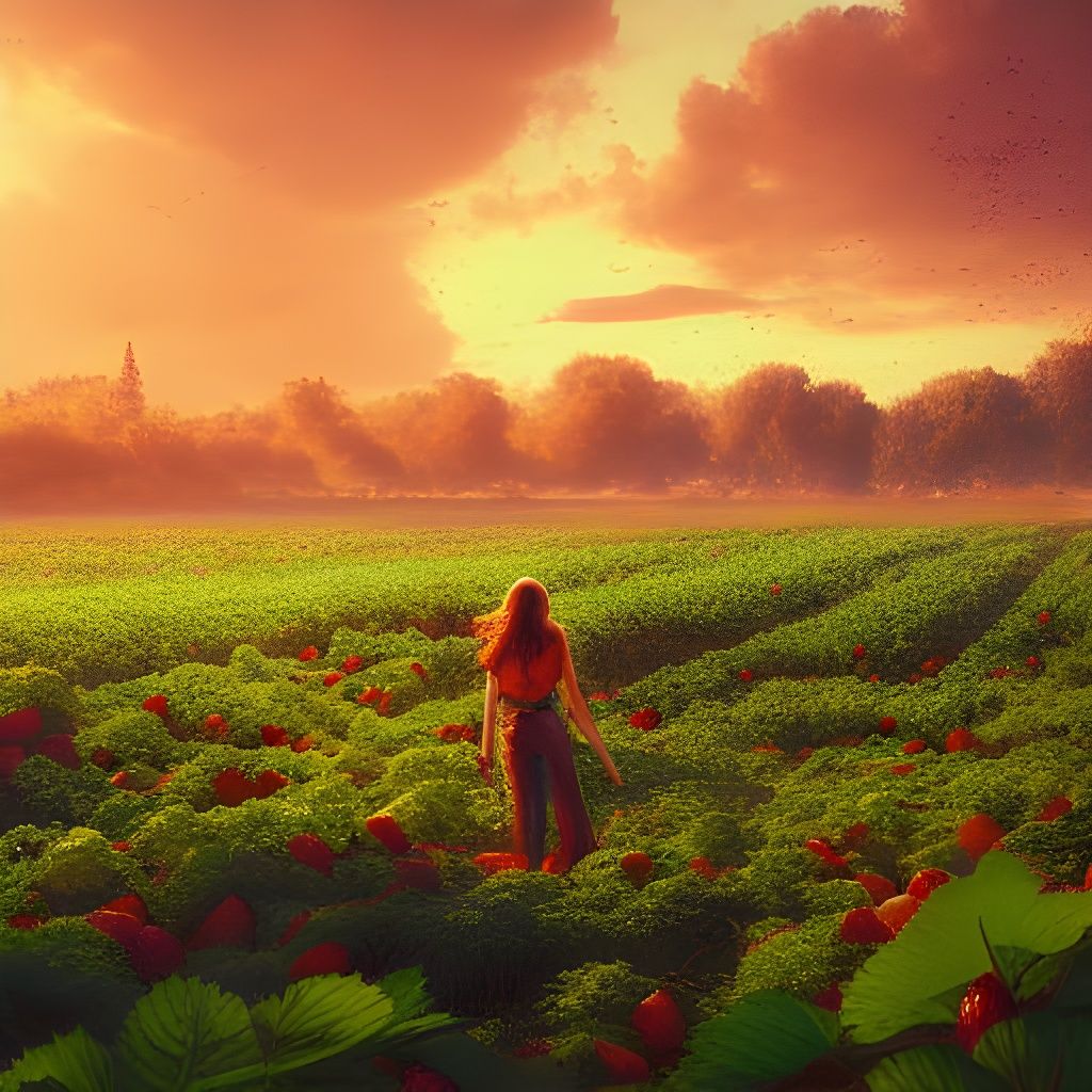 Lush Strawberry Field at Sunset: Hyperdetailed Fantasy Art
