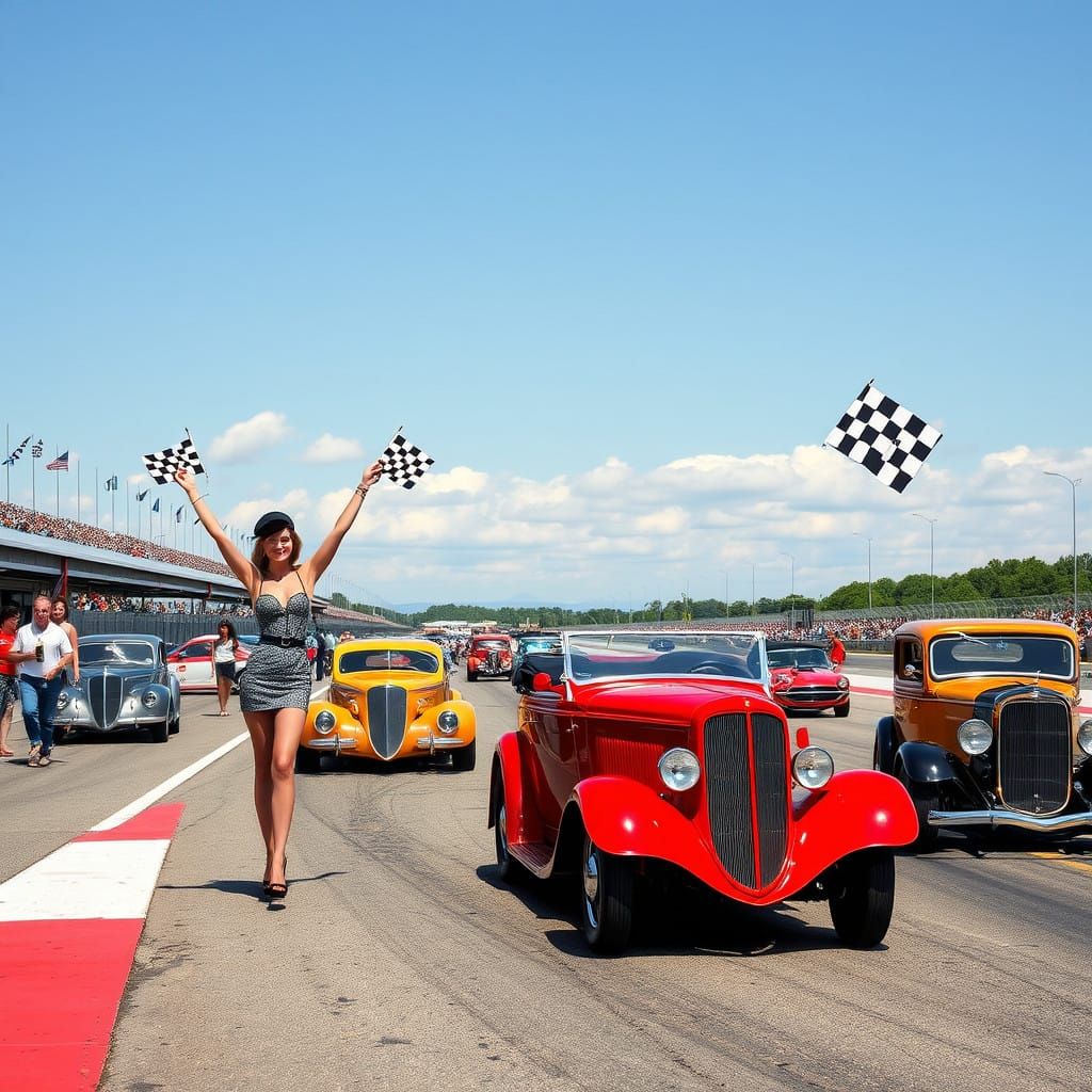 Retro Racing Scene with Pinup Girls and Hot Rods