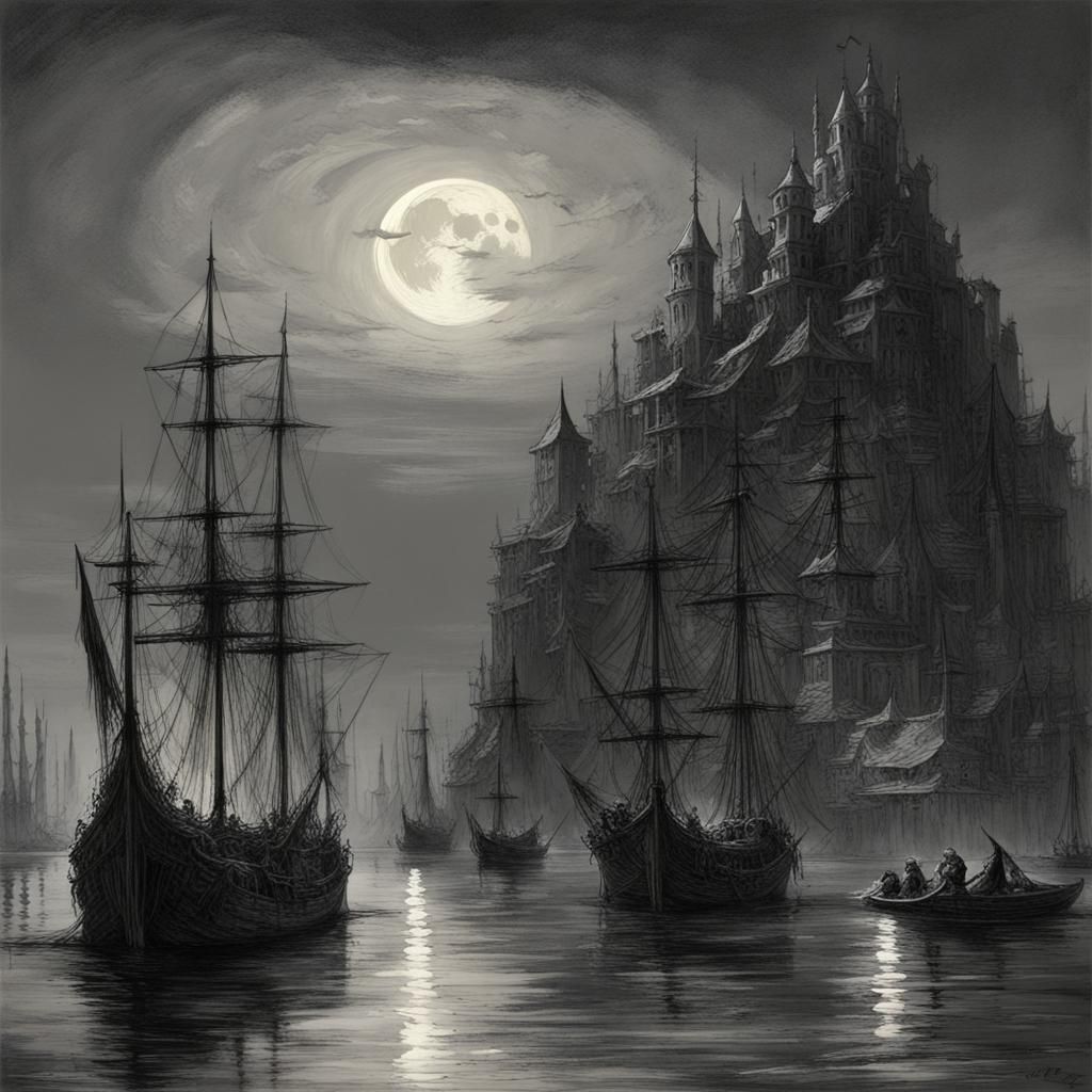 Moon Elf Port City Harbor in Dark Fantasy Style