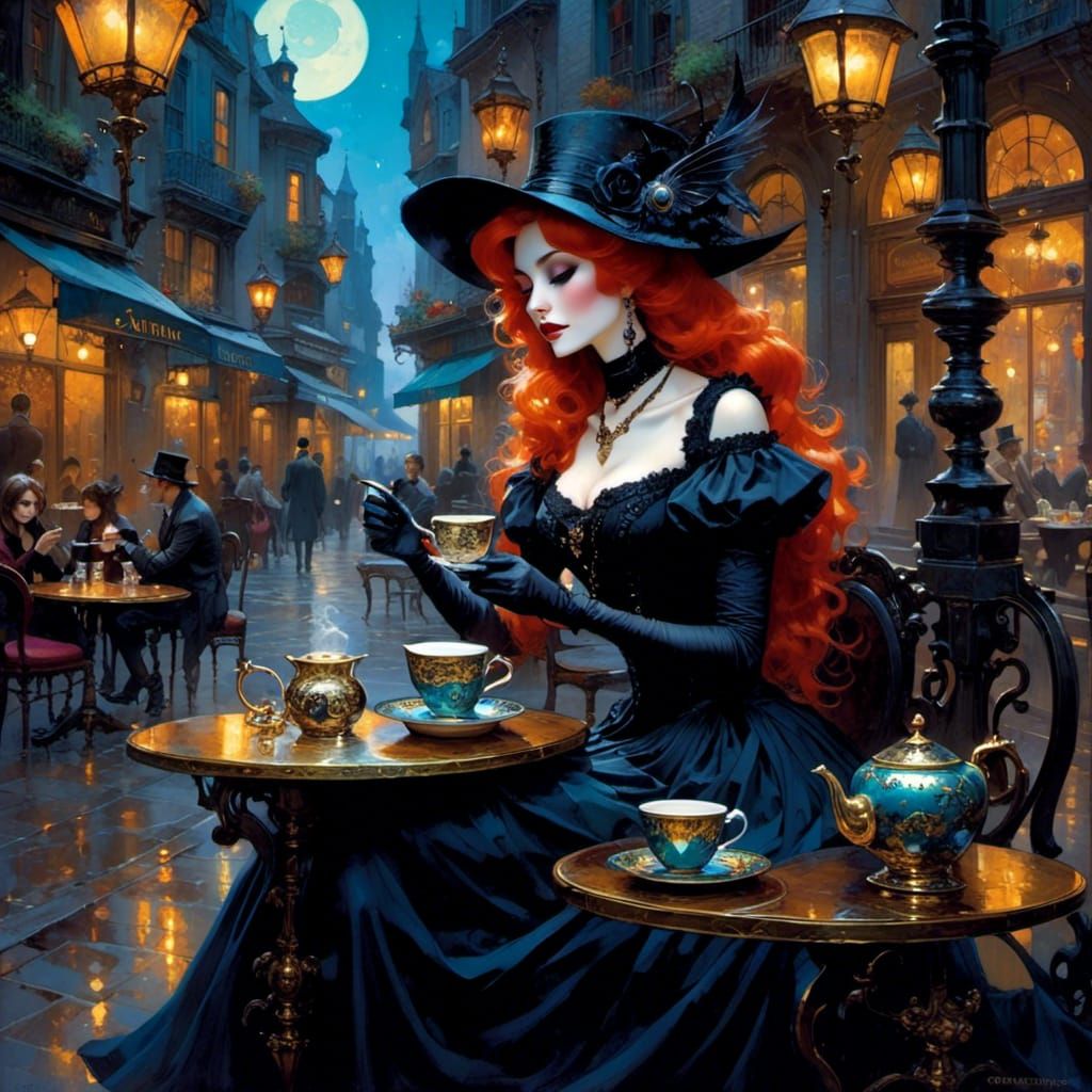 Goth Woman Having Tea: Storybook Oil Painting