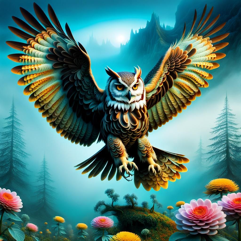 Surreal Owl-Eagle Hybrid in Foggy Psychedelic Landscape