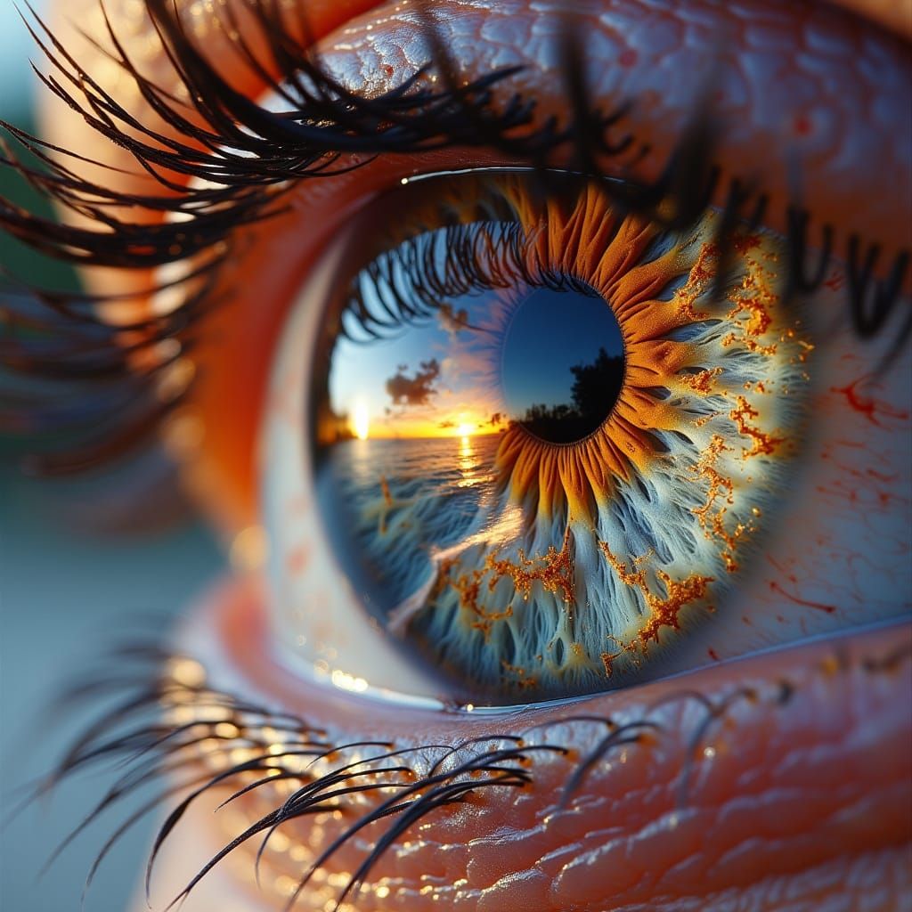 Surreal Close-Up of an Eye Revealing a Sunset Beach Scene