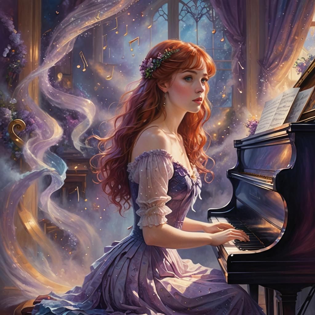 Ethereal Woman Playing Piano in Fantasy Landscape