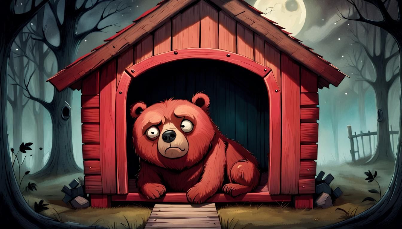 A Frowning Bear Seeks Slumber in a Cozy Doghouse
