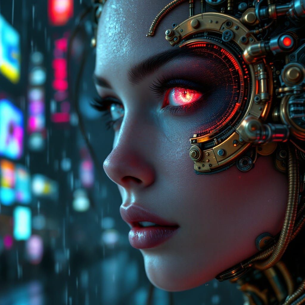 Cyberpunk Goddess Amidst Futuristic Metropolis