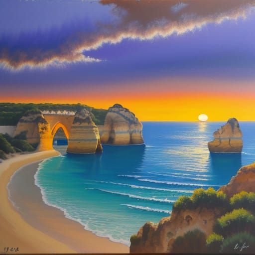 Sunset Over Algarve Landscape as Oil Painting