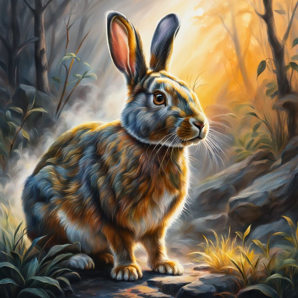 Rabbit in Mist: Hyperdetailed Gouache Charcoal Drawing