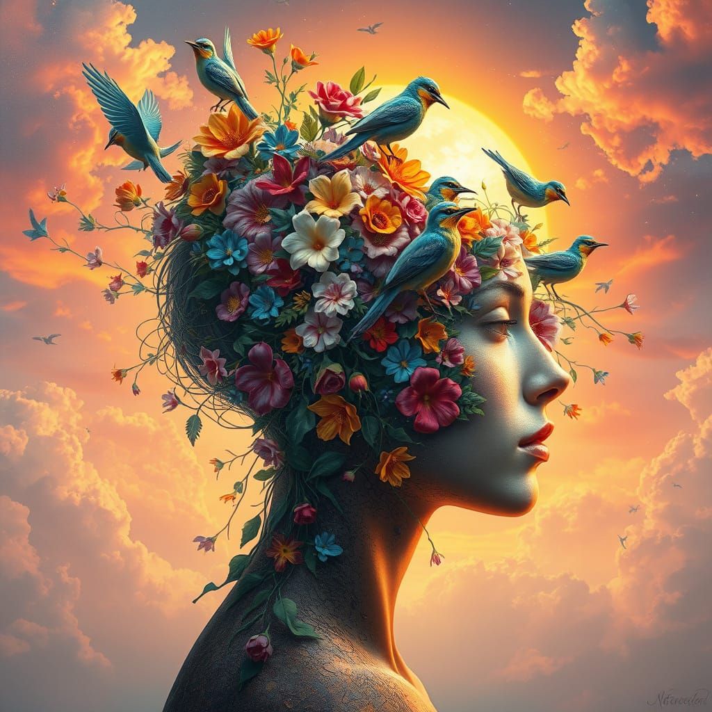 Floral Woman Head in Neo-Impressionist Oil Painting