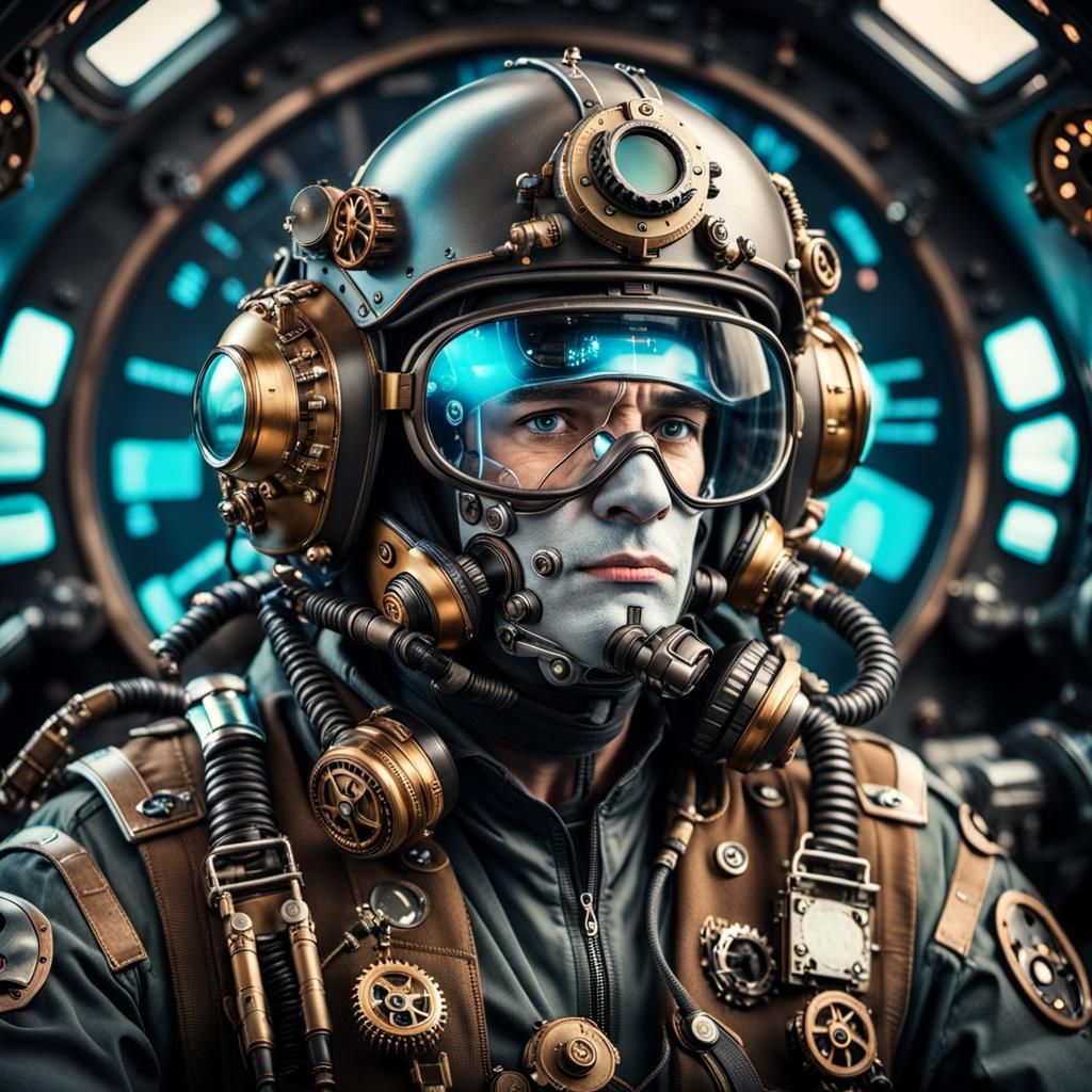 Steampunk Fighter Pilot in Futuristic Cockpit