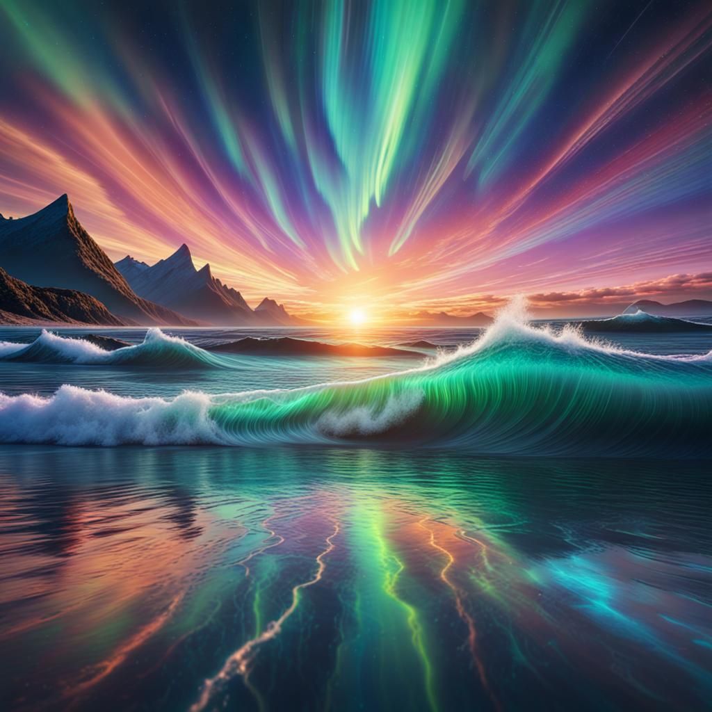 Vivid Aurora Borealis and Sunset Reflected in Ocean