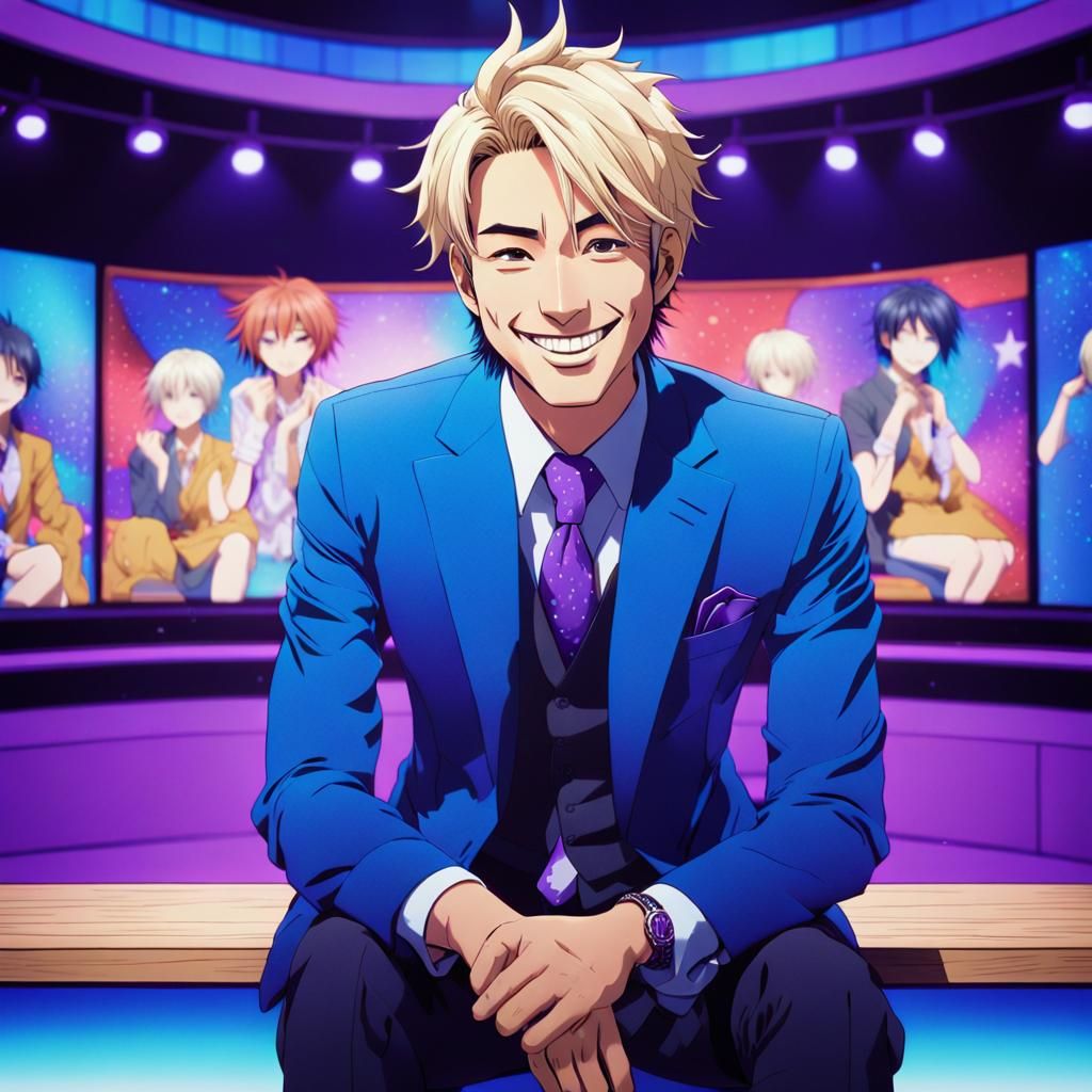 Handsome TV Host on Talk Show Stage in Anime Style