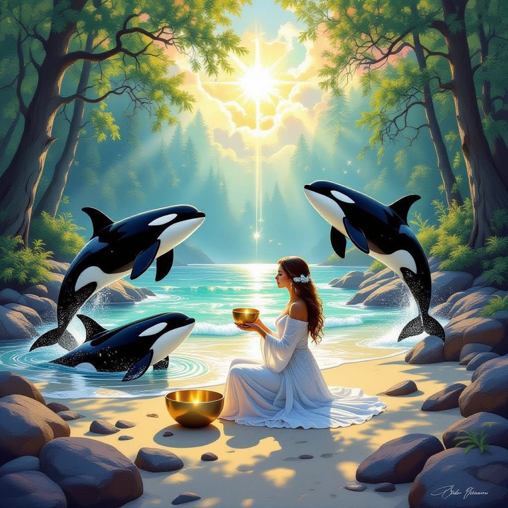 Woman Chanting by Orca-Filled Beach in Hyperrealistic Style