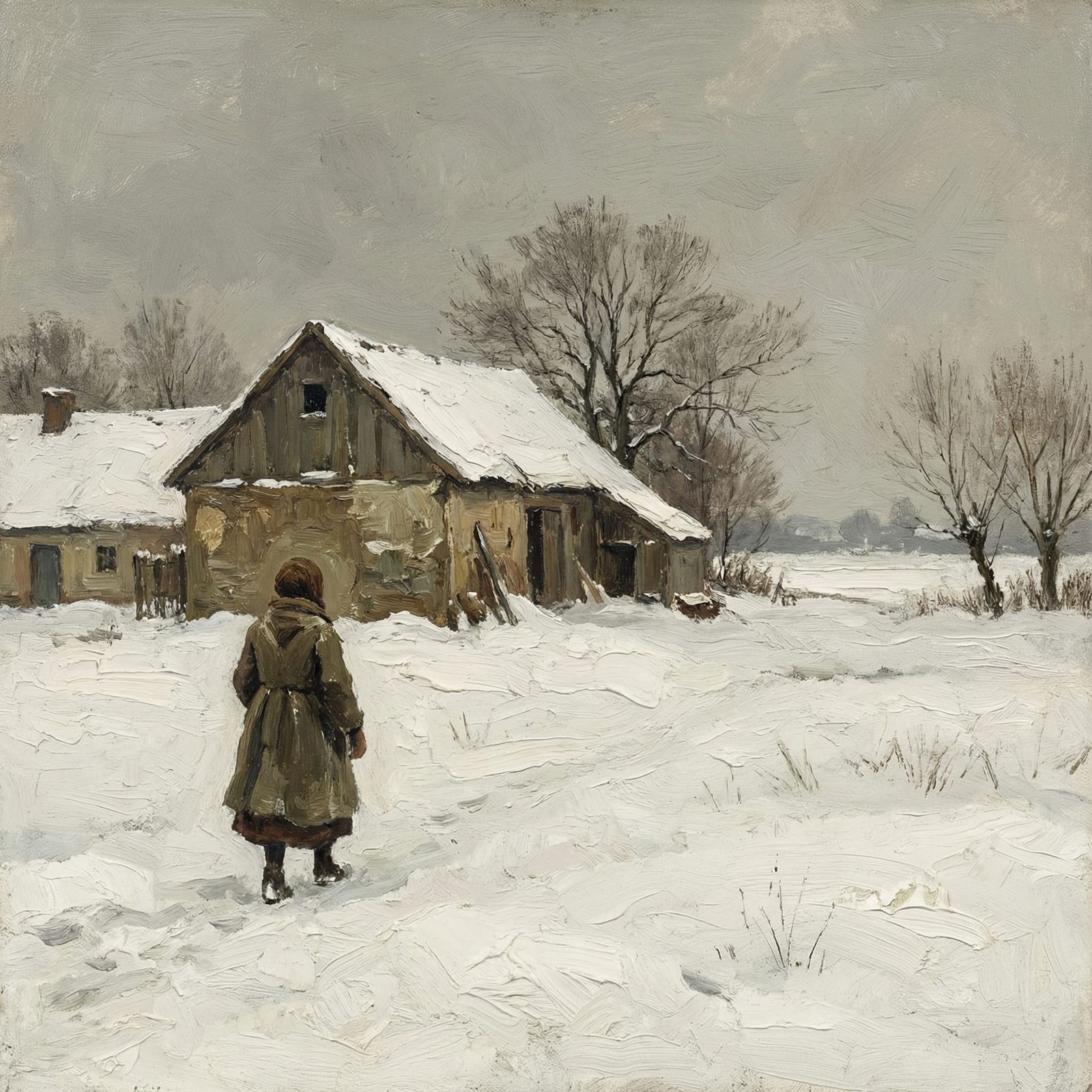 Girl Walking Away From Snowy Farm in Winter Chill