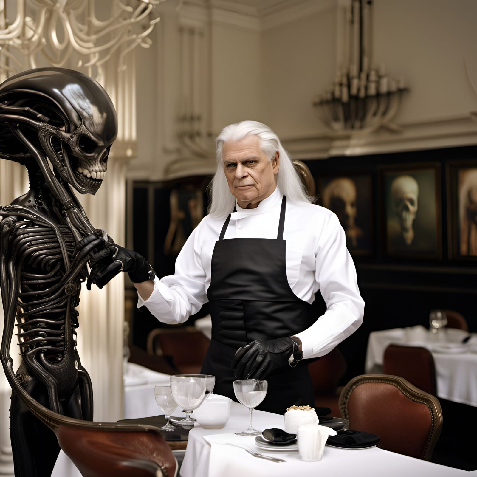 H.R. Giger as a Waiter Serving a Xenomorph Alien