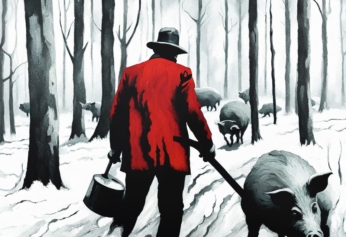 Surreal Forest Encounter with Pigs and a Melting Axe