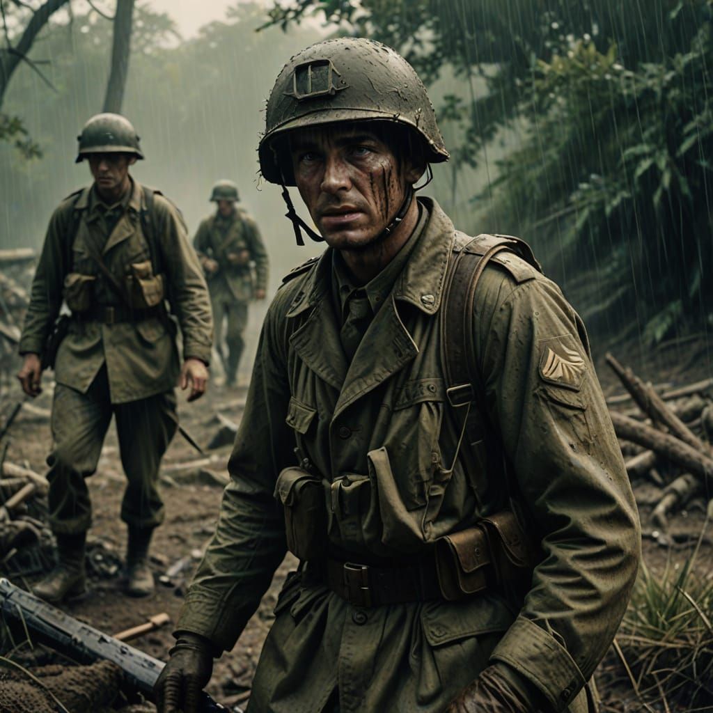 Soldier in Trench with Smoky Phantoms, Cinematic Film Still