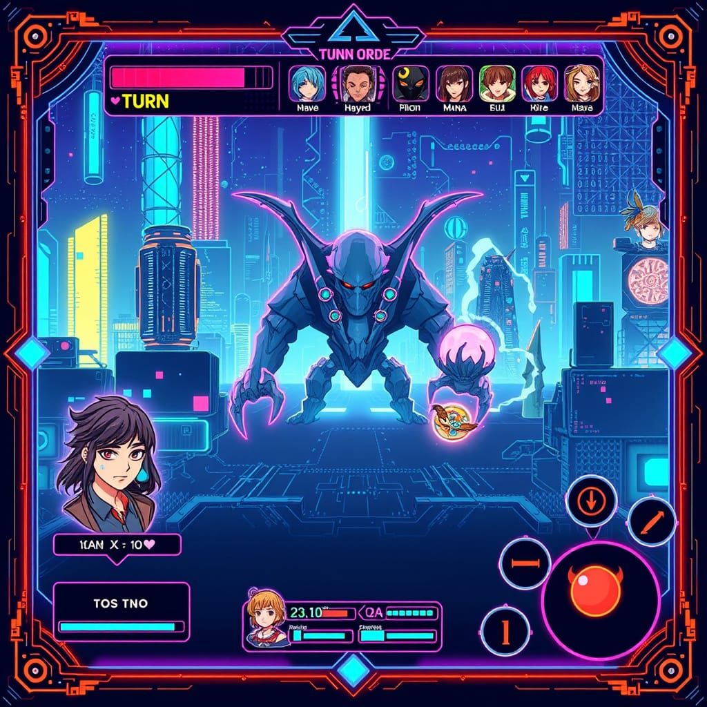Cyberpunk Battle Screen in Futuristic JRPG Style