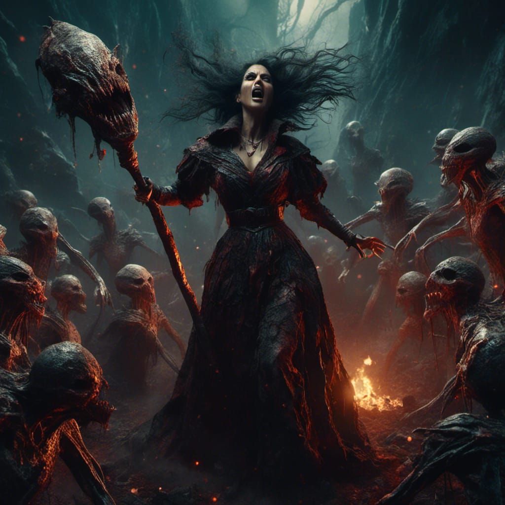 Surreal Fantasy Witch Dominates Alien Horde with Bloodied Ax...
