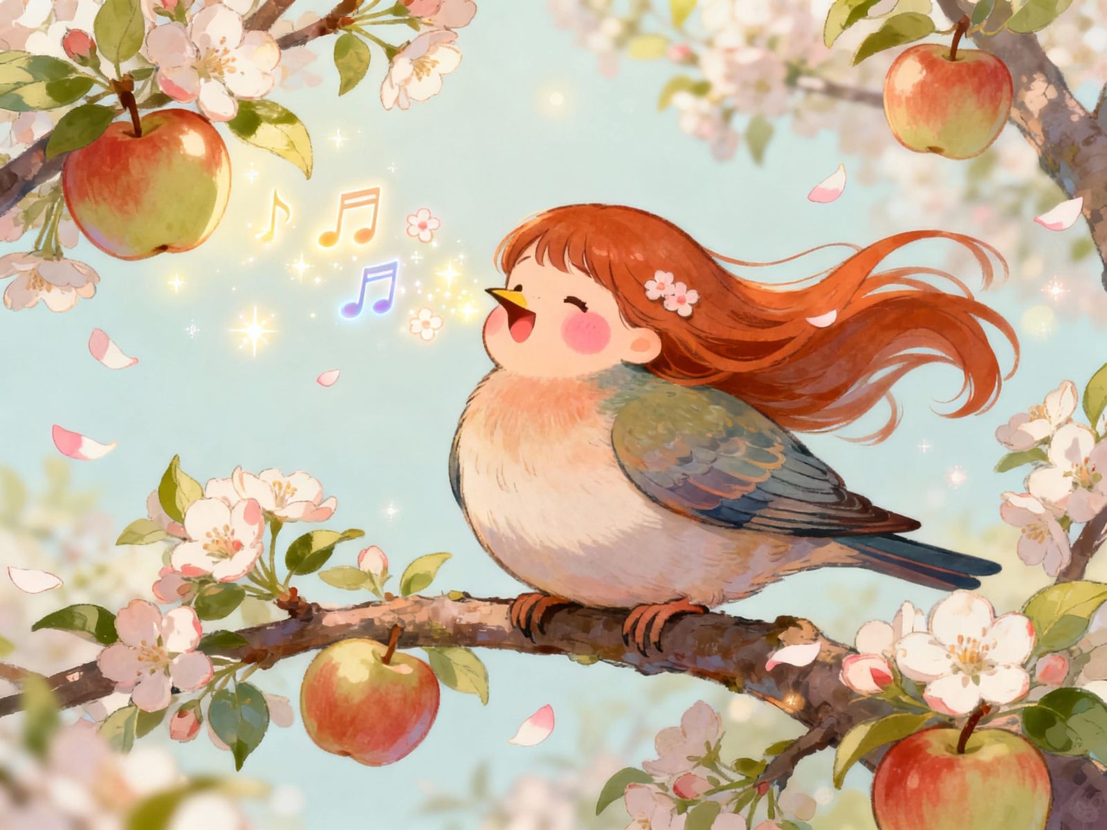 Alkonost Sings on Apple Tree in Kawaii Style