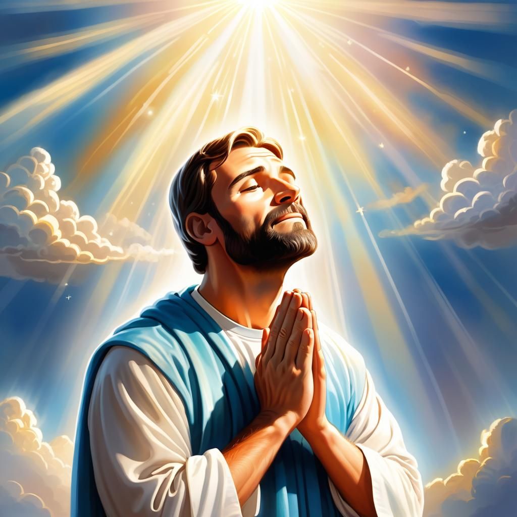 Man Praying to Heaven in Storybook Illustration