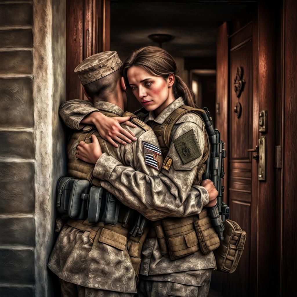 Emotional Homecoming: Soldier Embraced at Doorway