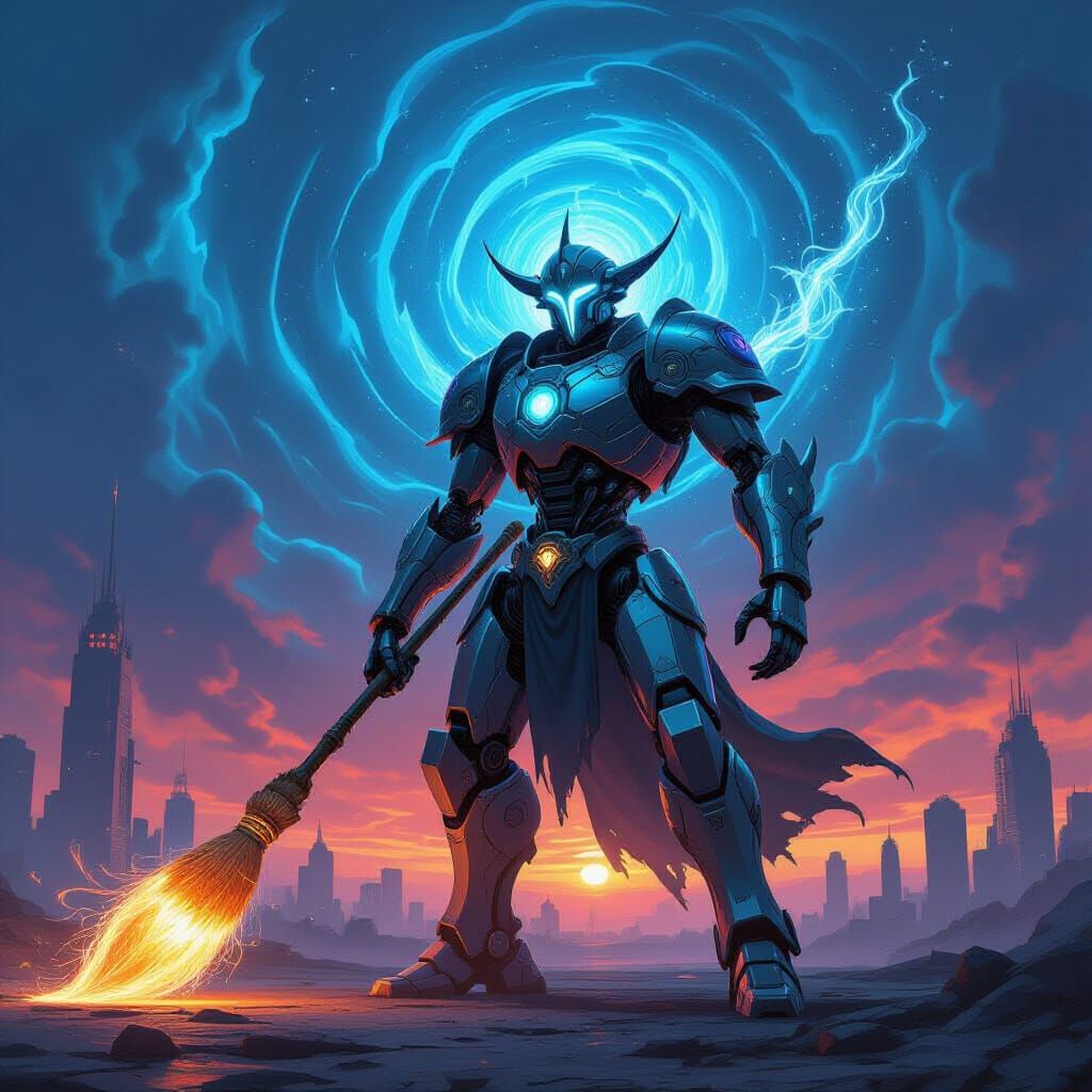 Ancient Robot Wields Magic in Futuristic Cityscape