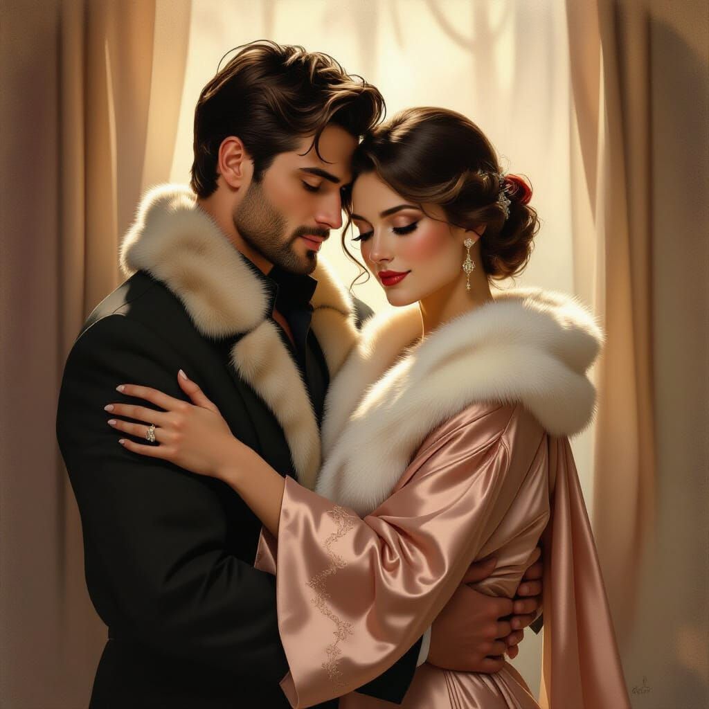 Romantic Embrace in Soft Light: Luxurious Art Nouveau