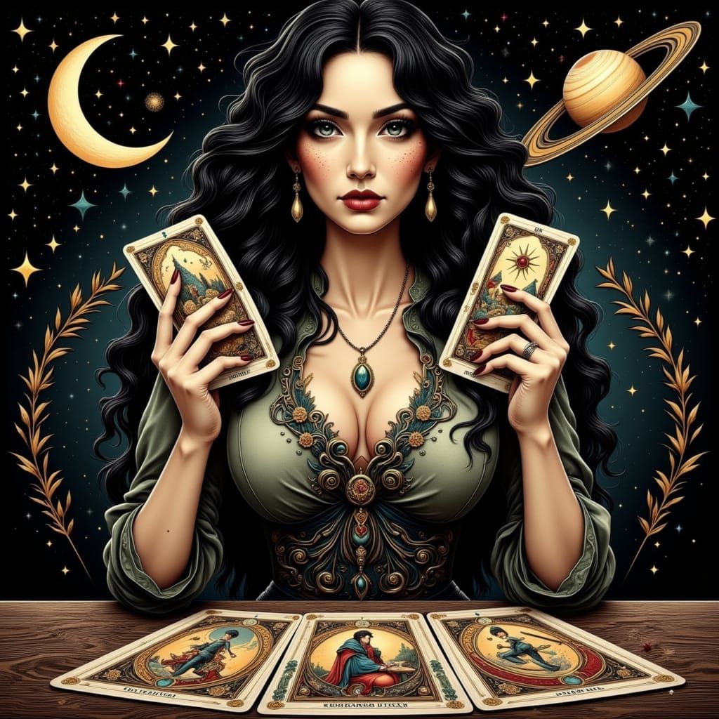 Mystical Fortune Teller with Tarot Cards in Neo-Traditional ...