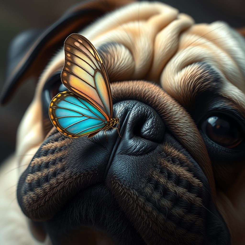 Surreal Pug Portraits a Delicate Butterfly in a Dreamlike Wo...