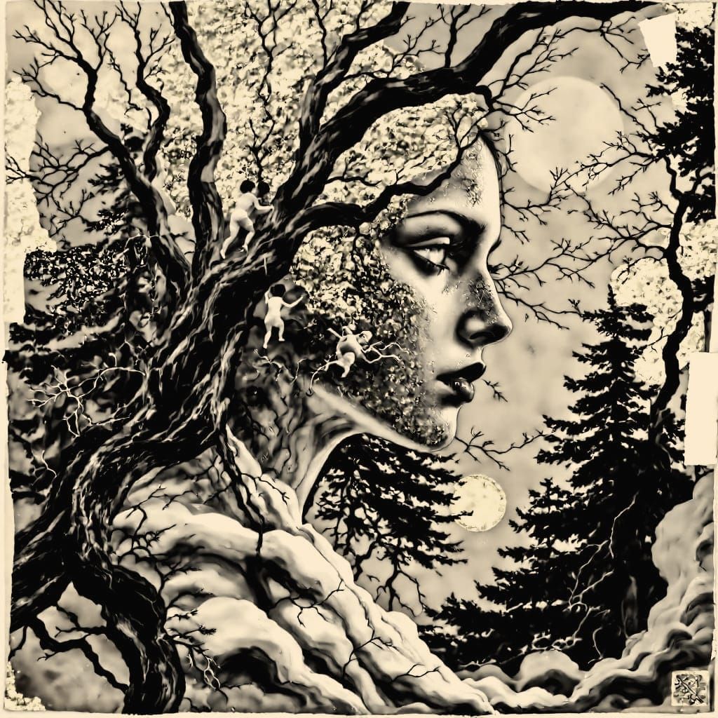 Mysterious Forest: Children Climbing Trees in Tempera Collag...