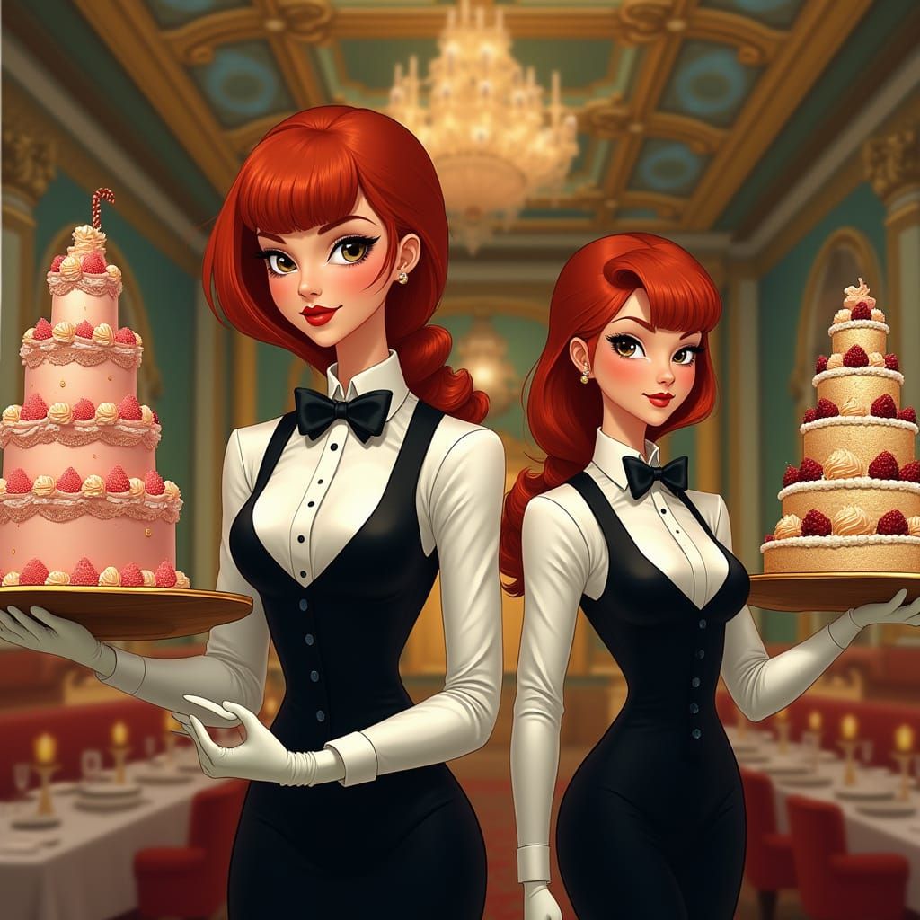 Redhead Waitresses Serve Extravagant Cakes in Grand Restaura...