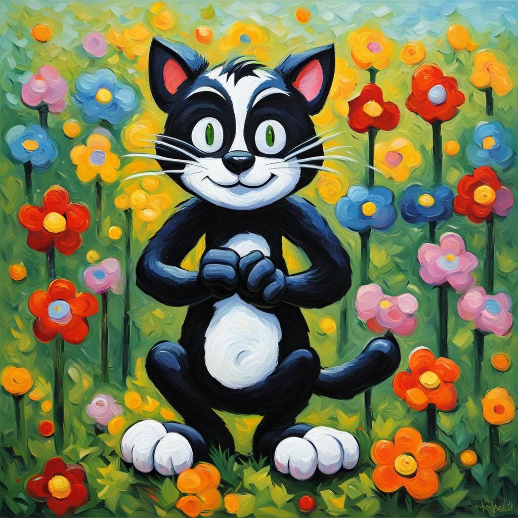 Felix the Cat with Spring Flowers in Oil Paint