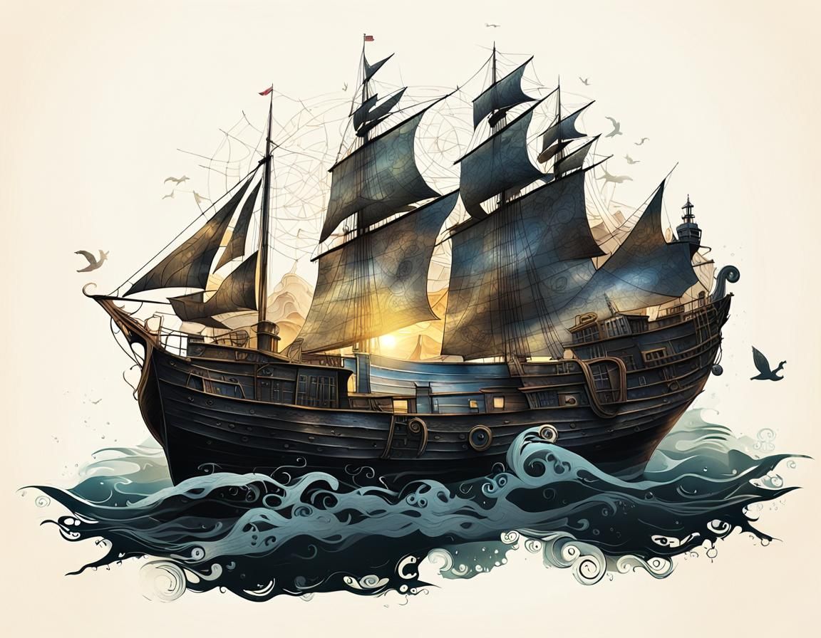 Timeless Surreal Boat Scene in Golden Sunset Glow