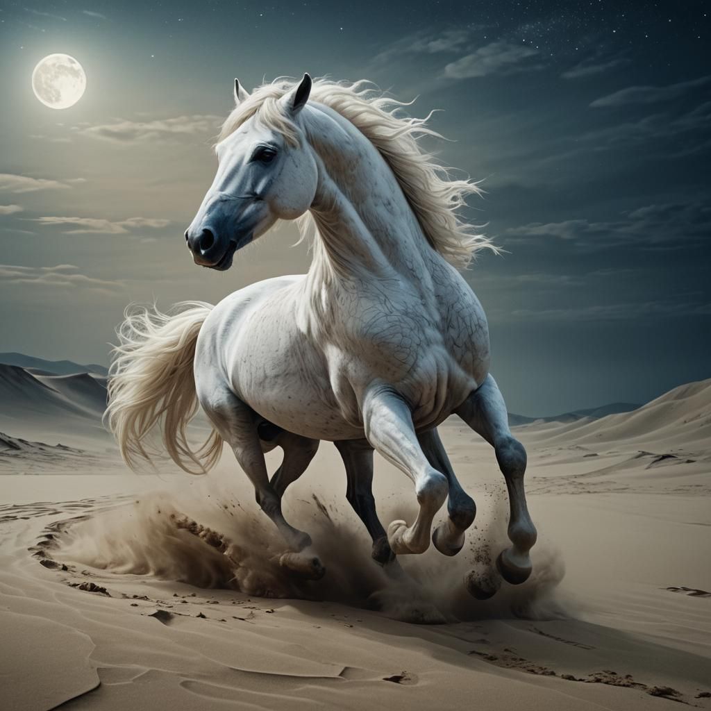 White Horse Running on Sand in Beksiński-Inspired Style
