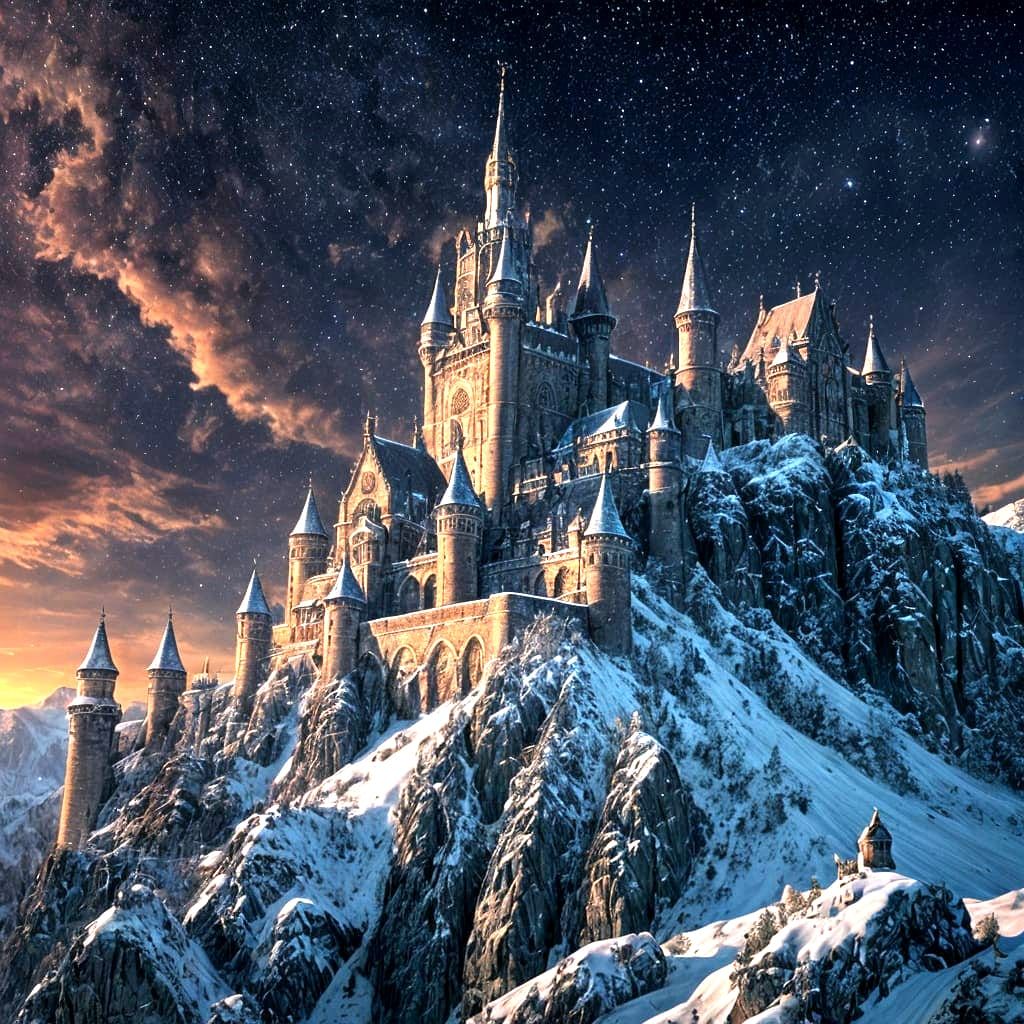 Epic Dark Fantasy Castle Under Cosmic Sky