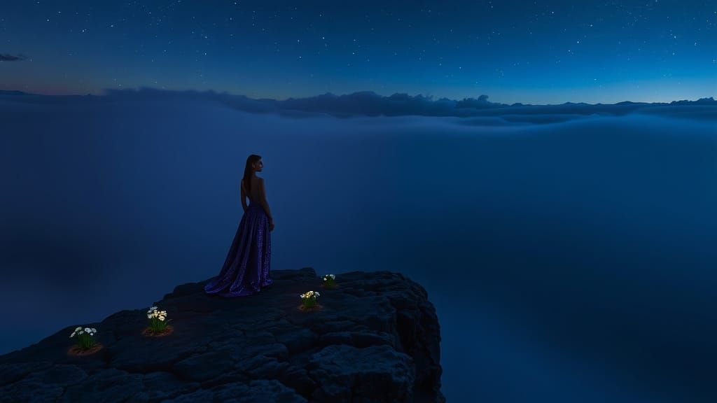 Solitary Woman in Sapphire Gown at Twilight Ocean Cliff