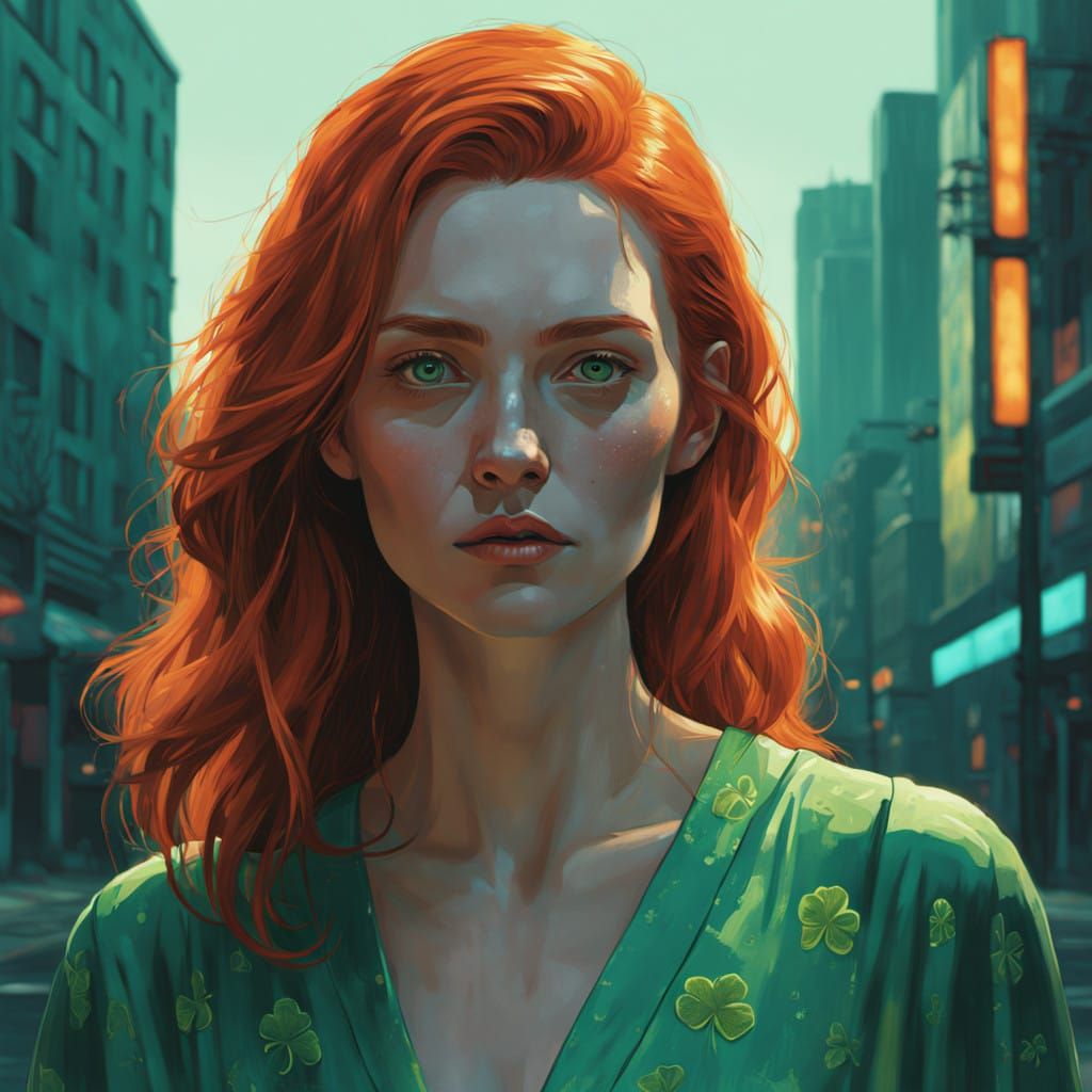 Confident Redhead in Shamrock Patterns, Lit by Warm Glow