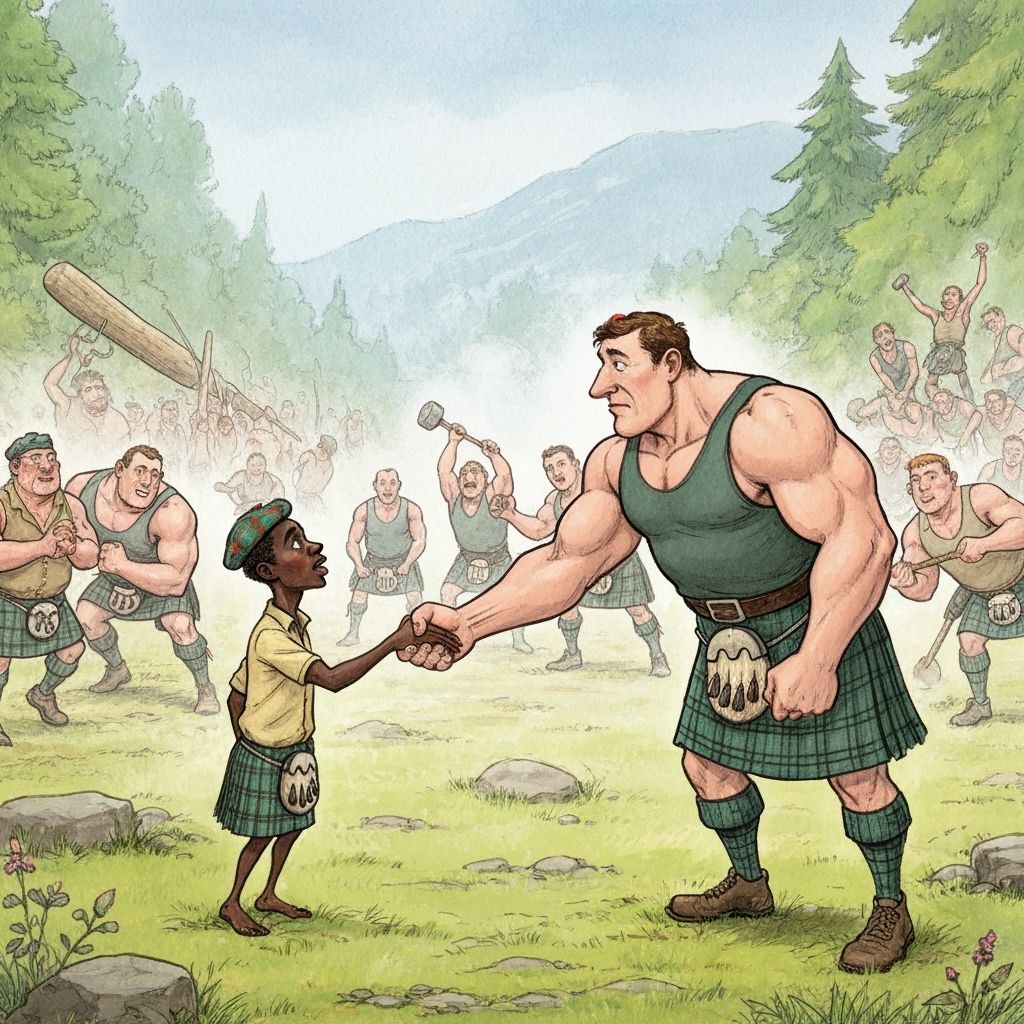 Humorous Highland Games Scene with African Man and Scots Ath...