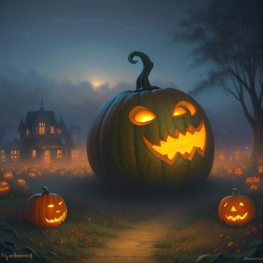 Ethereal Pumpkin Emerges from Patch in Thomas Kinkade Style