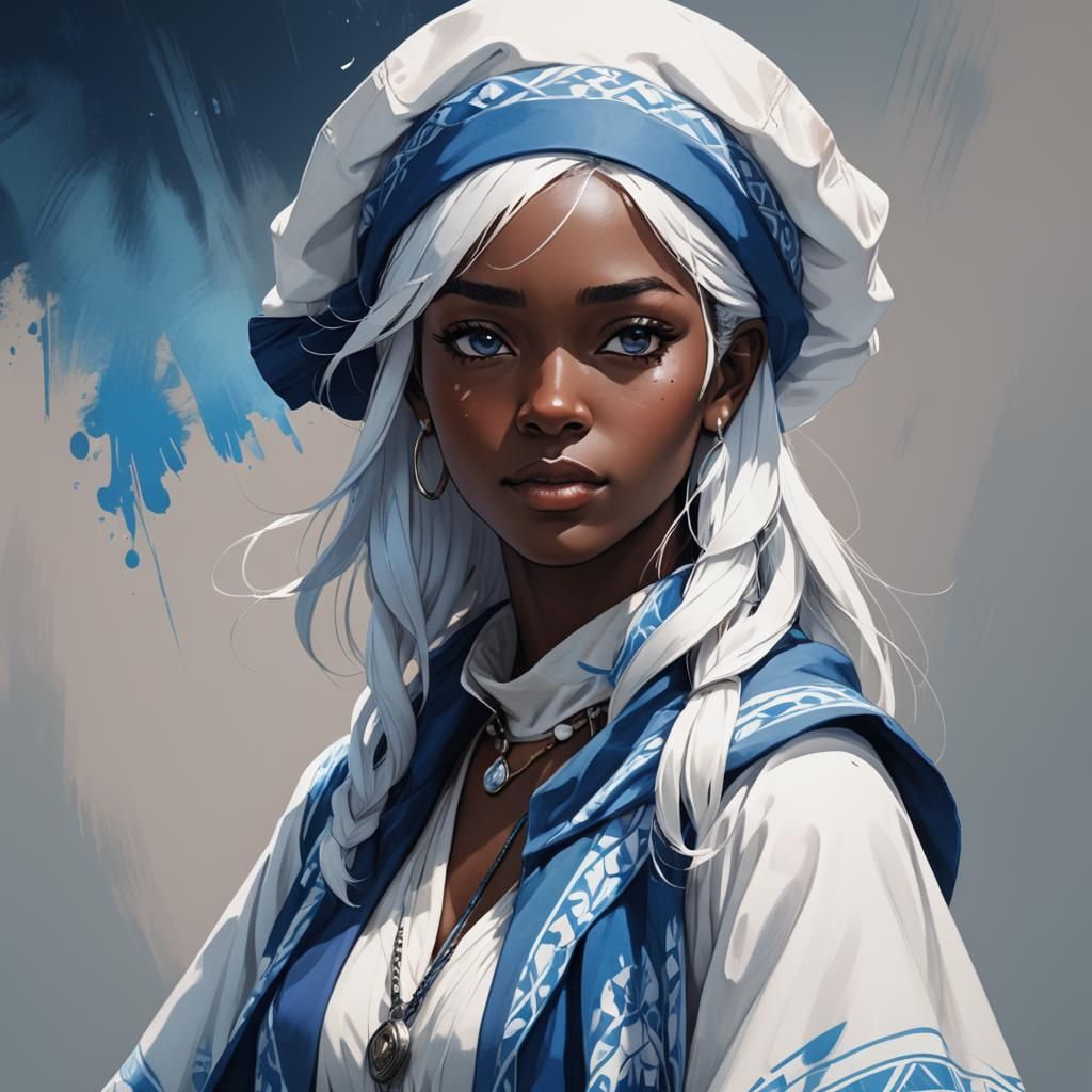 Anime Portrait of Dark Skinned Woman with White Hair