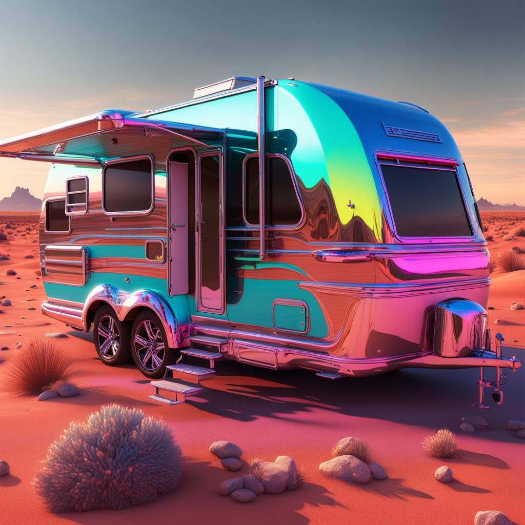 Futuristic Chrome RV in Neon Desert