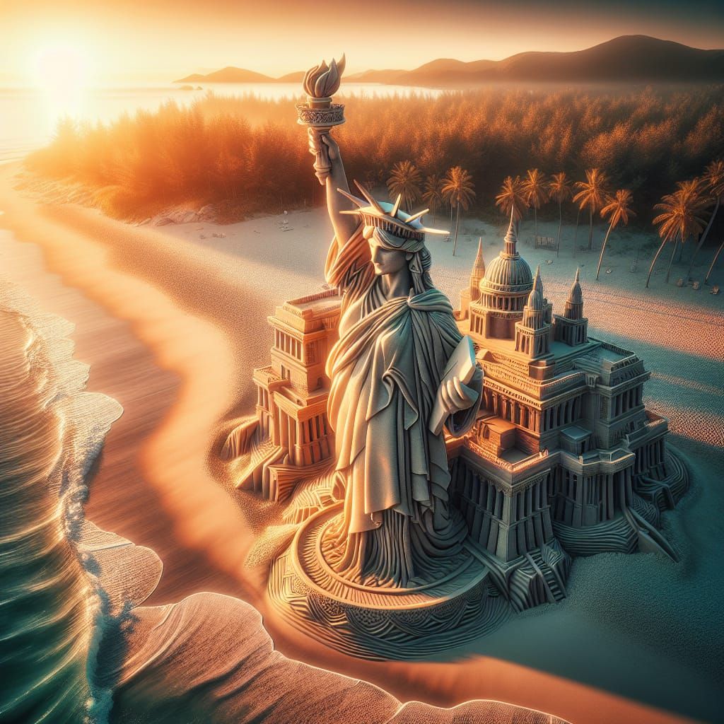 Hyperrealistic Sand Statue of Liberty on Sunny Beach