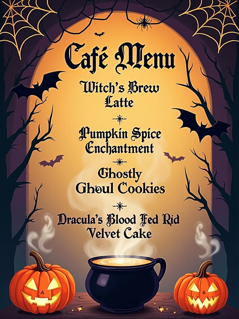 Halloween Cafe Menu in Vintage Digital Illustration Style