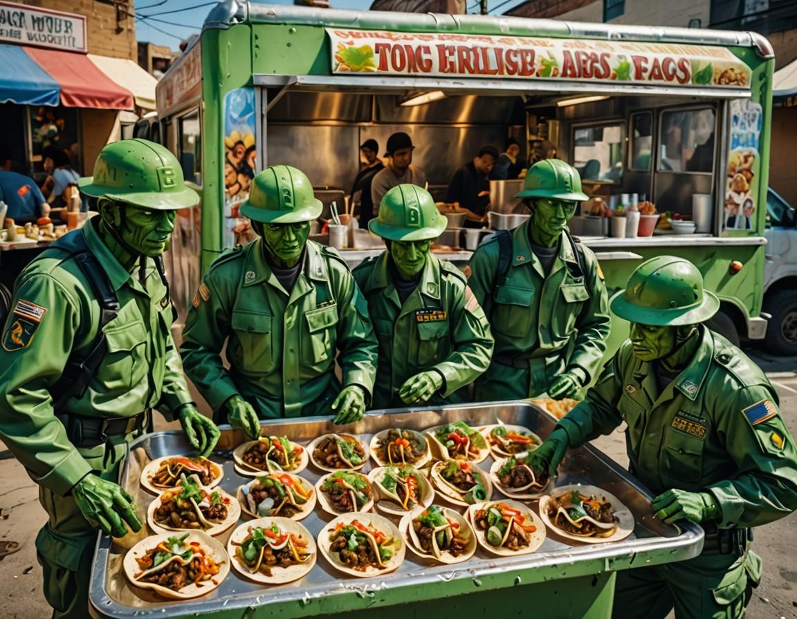 A group of ragtag little green plastic army men, now working in a food truck