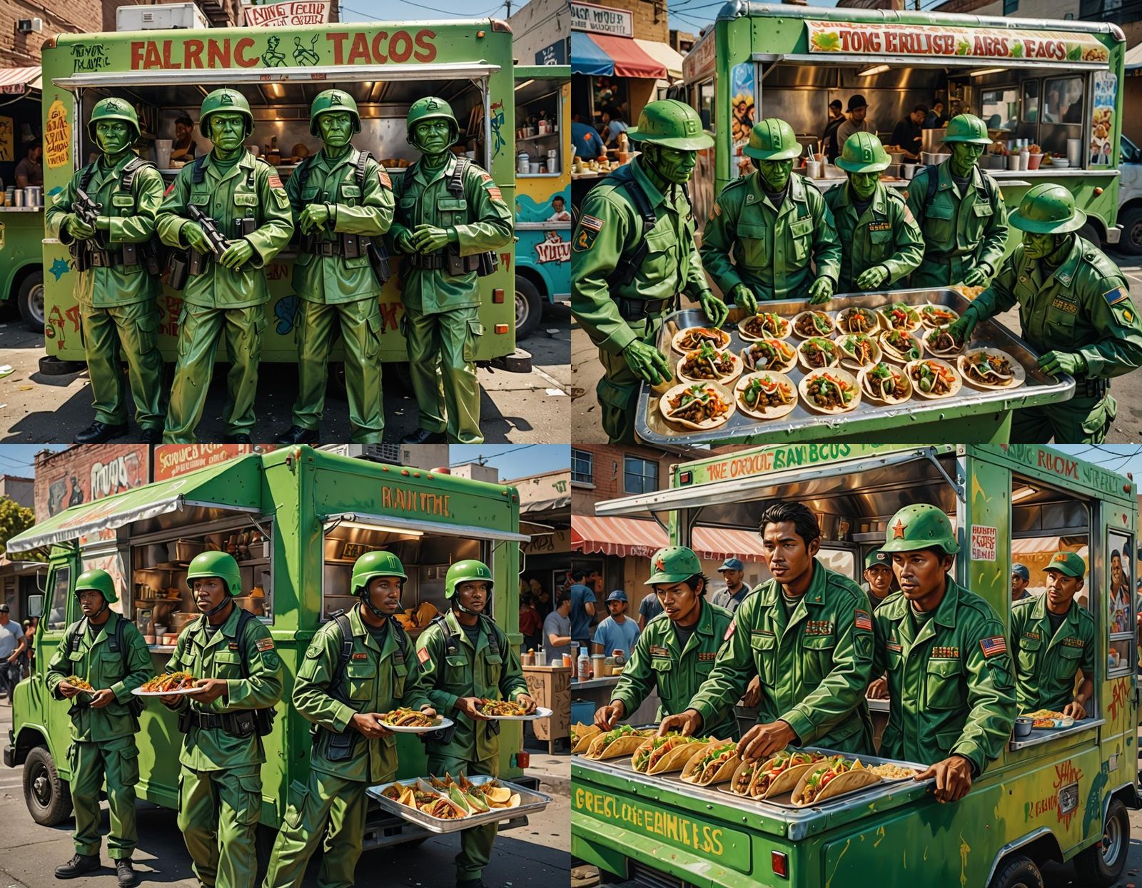 A group of ragtag little green plastic army men, now working in a food truck